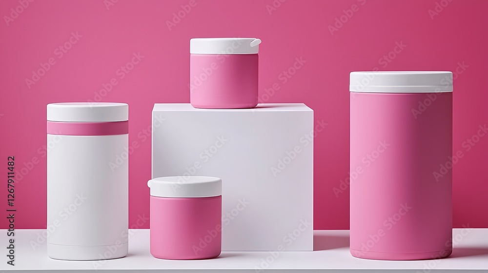 Minimalistic Arrangement of Pink and White Packaging Containers Minimalistic Arrangement of Pink and White Packaging Containers