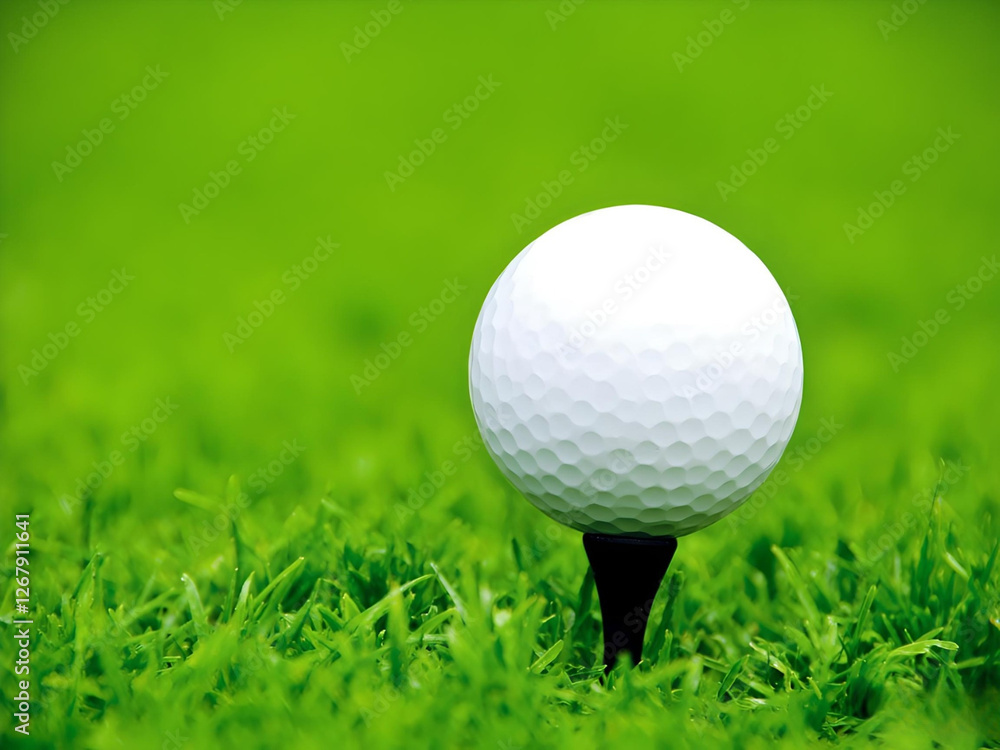 White golf ball on a black tee positioned on lush green grass. A white golf ball sits on a black tee atop vibrant green grass. The setting suggests a golf course, inviting players to take their swing. White golf ball on a black tee positioned on lush green grass. A white golf ball sits on a black tee atop vibrant green grass. The setting suggests a golf course, inviting players to take their swing.