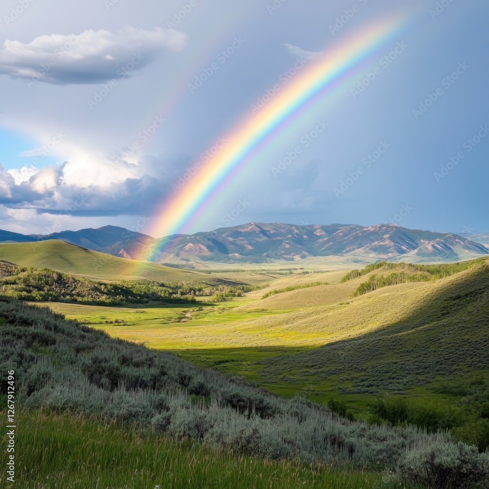 Obraz premium Majestic Rainbow Over Green Valley Hills Sunlight Radiating From Clouds Landscape Scenic Vista
