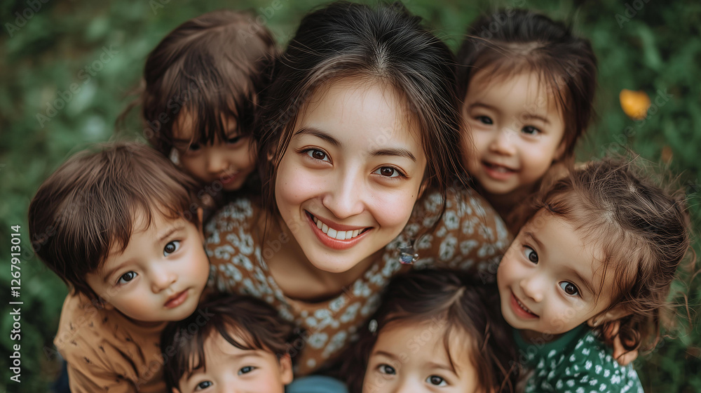 A smiling woman is surrounded by five joyful children in an outdoor setting, capturing a moment of love and happiness. A smiling woman is surrounded by five joyful children in an outdoor setting, capturing a moment of love and happiness.