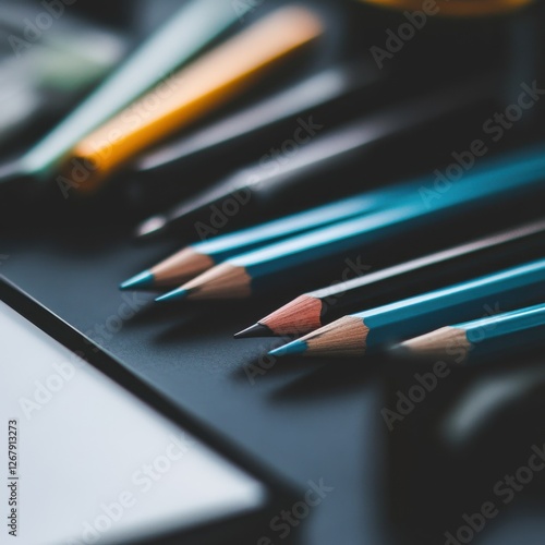 Pencils Arranged Neatly on a Desk Top View Close Up for Creative Drawing and Artistic Expression photo