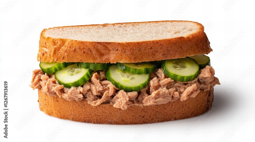 Tuna salad sandwich with cucumber slices on whole wheat bread. A simple and delicious lunch. Tuna salad sandwich with cucumber slices on whole wheat bread. A simple and delicious lunch.