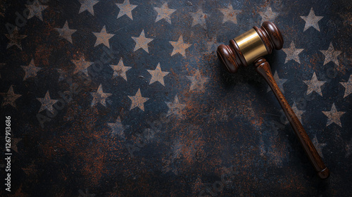  A wooden judge’s gavel rests on a distressed American flag, symbolizing law, justice, and governance in the United States.