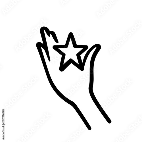 Minimalist line drawing of a hand holding a star symbolizing care and achievement, icon
