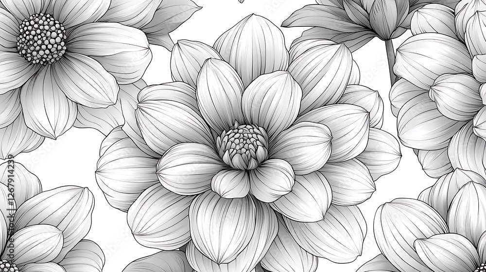 Monochrome dahlia floral pattern, botanical art, seamless design, white background, textile print Monochrome dahlia floral pattern, botanical art, seamless design, white background, textile print