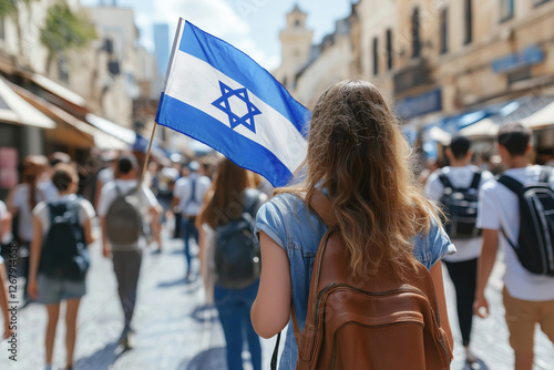 A young woman walks through a crowded street, proudly holding an Israeli flag while surrounded by fellow pedestrians