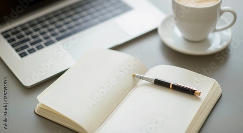 Minimalist workspace setup with an open notebook, luxury pen, laptop, and a cup of coffee
