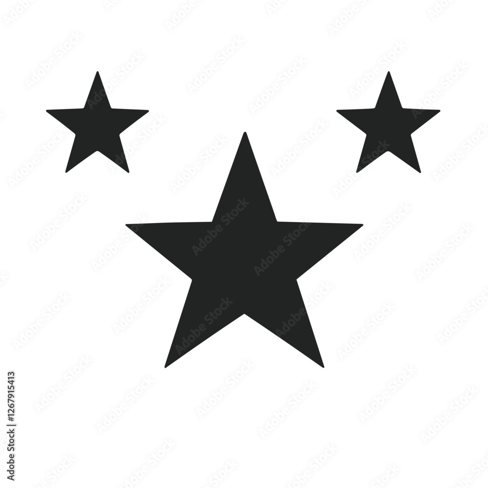 Stylized arrangement of three black stars in varying sizes representing celestial beauty in a minimalist style, icon Stylized arrangement of three black stars in varying sizes representing celestial beauty in a minimalist style, icon
