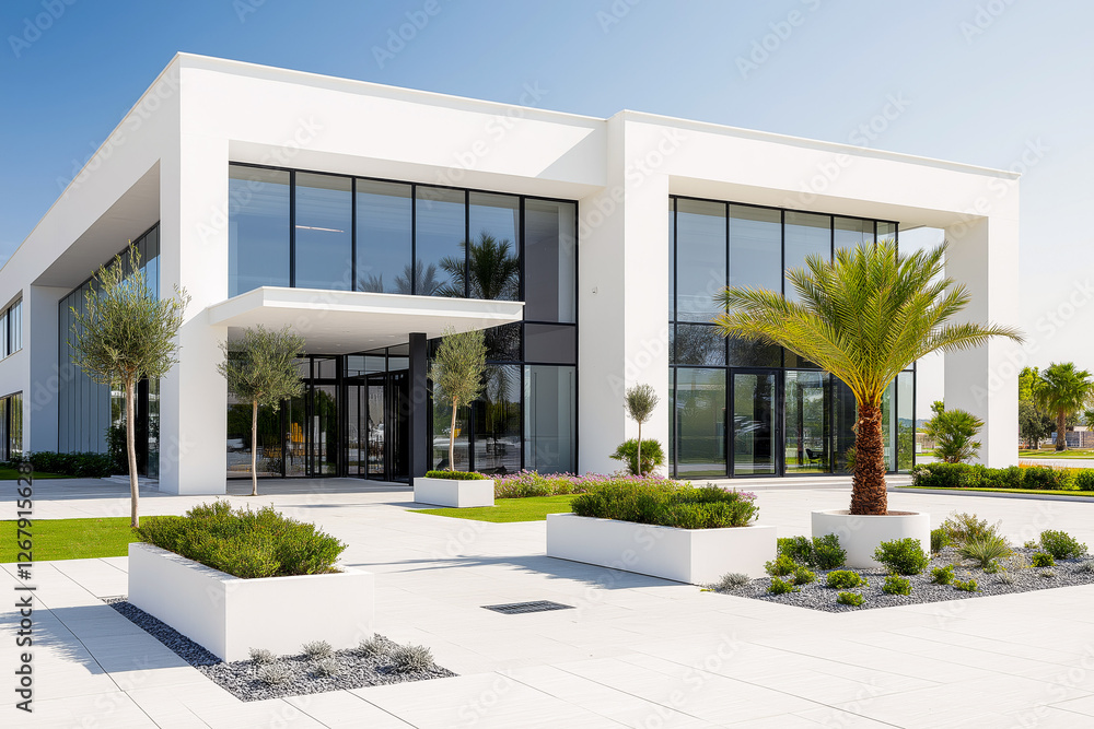 Modern eco-friendly office building with large glass windows, white minimalist design, and lush landscaping featuring palm trees and greenery under a clear blue sky Modern eco-friendly office building with large glass windows, white minimalist design, and lush landscaping featuring palm trees and greenery under a clear blue sky