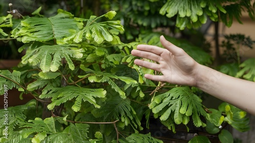 Mimosa pudica sensitive plant reacting to touch. photo