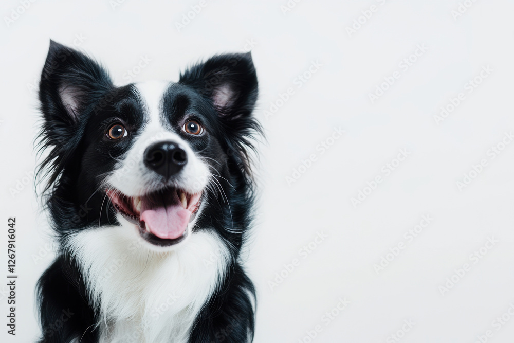 Funny and cheerful black-white dog, highlighted on a white background. Care concept, animal life, health, exhibition. Isolated. Copy space for ad Funny and cheerful black-white dog, highlighted on a white background. Care concept, animal life, health, exhibition. Isolated. Copy space for ad