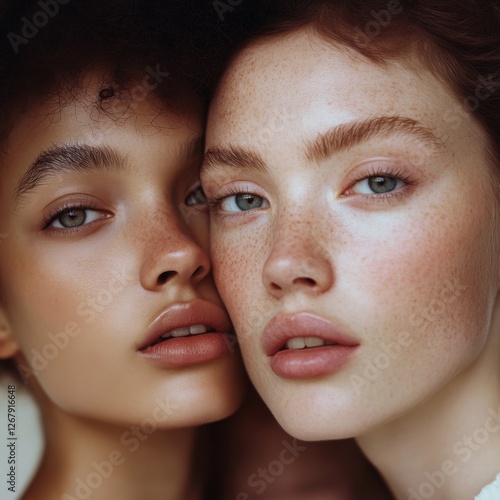 Two Faces of Beauty Close Portrait Freckles and Glossy Lips Elegant Aesthetic Skin Care Concept