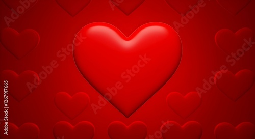 Un corazón rojo sobre un fondo rojo con más corazones