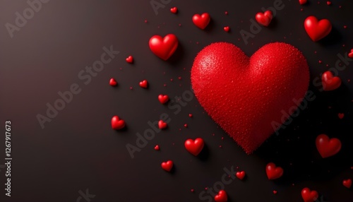 Un corazón rojo sobre un fondo rojo con más corazones