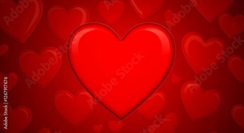 Un corazón rojo sobre un fondo rojo con más corazones