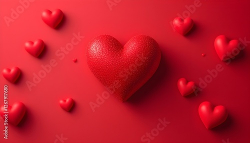 Un corazón rojo sobre un fondo rojo con más corazones