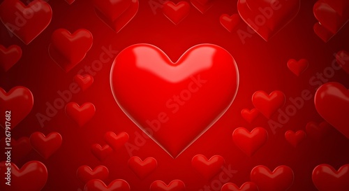 Un corazón rojo sobre un fondo rojo con más corazones