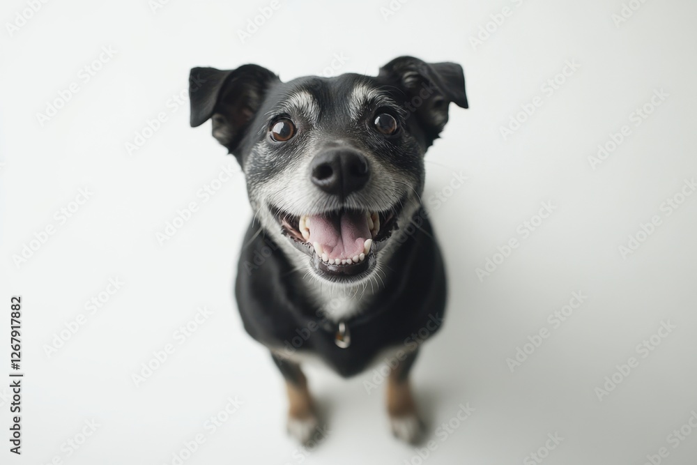 Fototapeta premium A funny and cheerful dog of black and white color on a white background. Care concept, animal life, health, exhibition. Insulated
