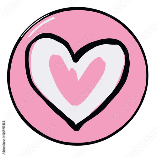 Circular badge design with a heart symbolizing love and affection in a playful style, icon
