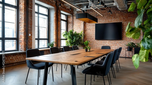 Industrial style combines modern design with exposed brick elements. Modern conference room with brick walls and large windows.