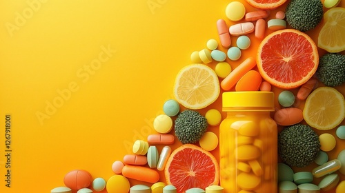 A bottle of Vitamin supplements with an open lid, pills spilling out onto a plain orange background, Health
