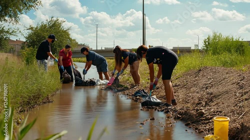 Volunteers cleaning polluted urban canal near highway