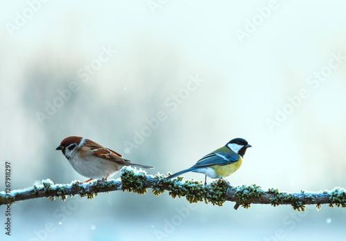 Photography birds sparrow and tit sitting on a branch covered with moss and snow in a winter