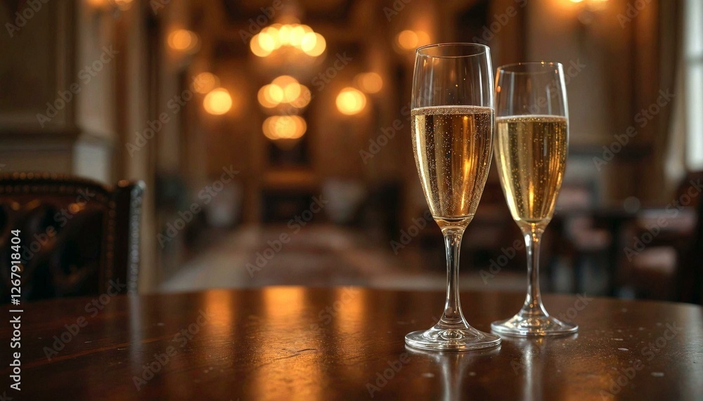 Sparkling Wine Glasses on Wooden Table Indoors Sparkling Wine Glasses on Wooden Table Indoors