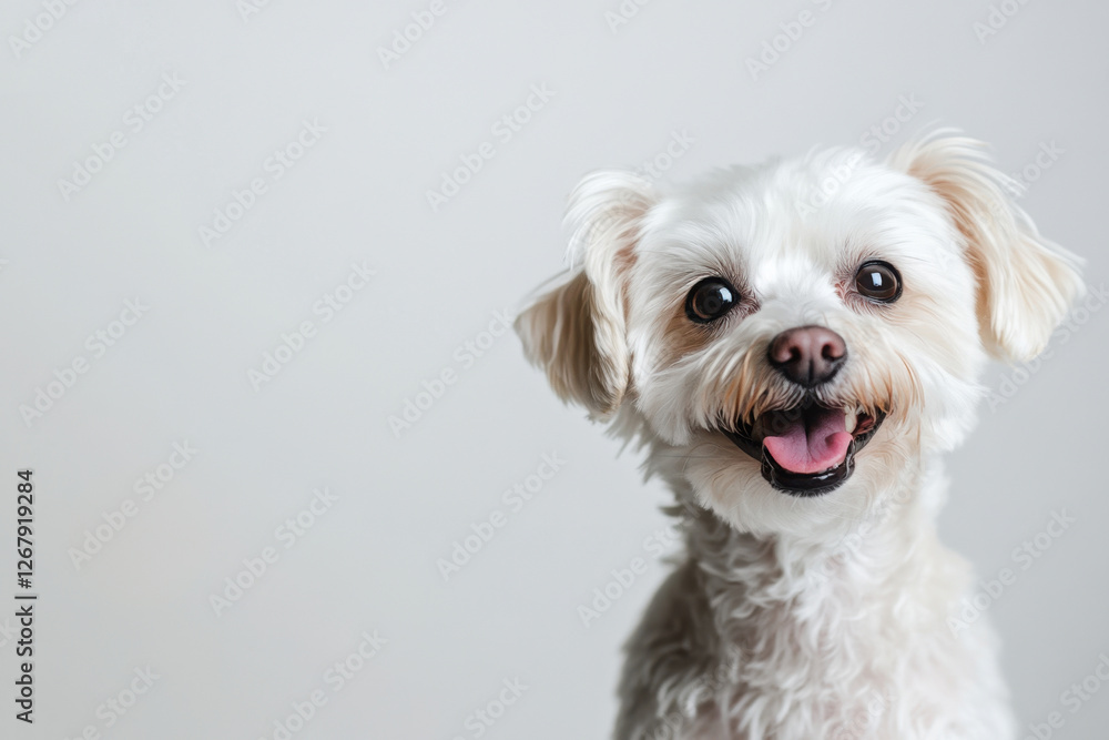 A funny and cheerful white dog that stands out against a white background. The concept of care, animal life, health, exhibition. Isolated. A place to copy ads A funny and cheerful white dog that stands out against a white background. The concept of care, animal life, health, exhibition. Isolated. A place to copy ads