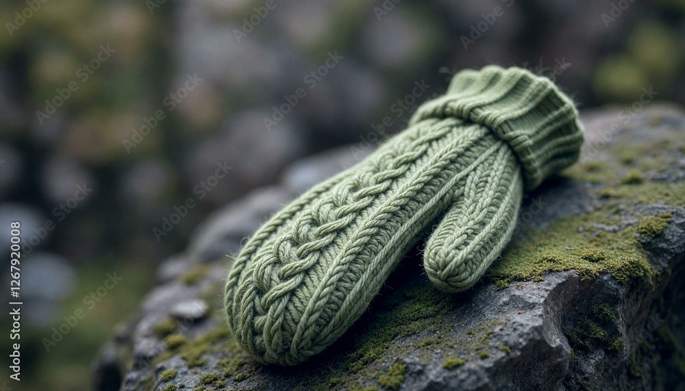Fototapeta premium Green Knitted Mittens on Moss Rock