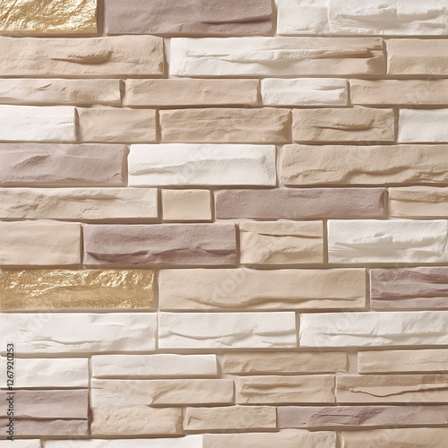 Textured wall of variously sized light-colored rectangular stones with slightly protruding surfaces. photo