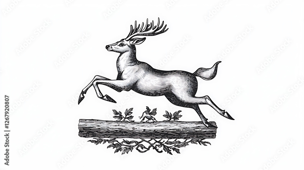 Fototapeta premium Engraved deer leaps over a fallen log decorated with leaves presented in stark black and white.