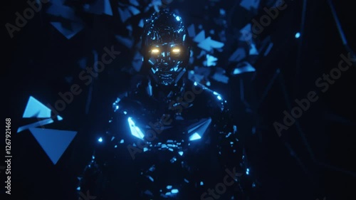 A menacing Terminator-like man walks straight toward the camera in a high-energy VJ loop video, exuding power and intensity. Blue ambient particles swirl and reveal dynamically behind him.