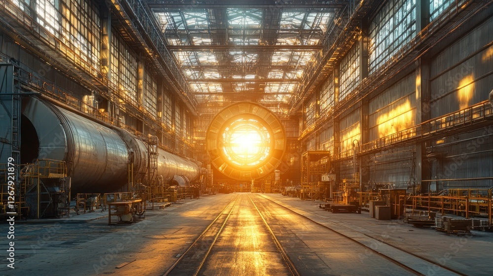 Golden Hour in the Industrial Factory: A Majestic Sunset Illuminates the Imposing Machinery and Steel Structures Golden Hour in the Industrial Factory: A Majestic Sunset Illuminates the Imposing Machinery and Steel Structures