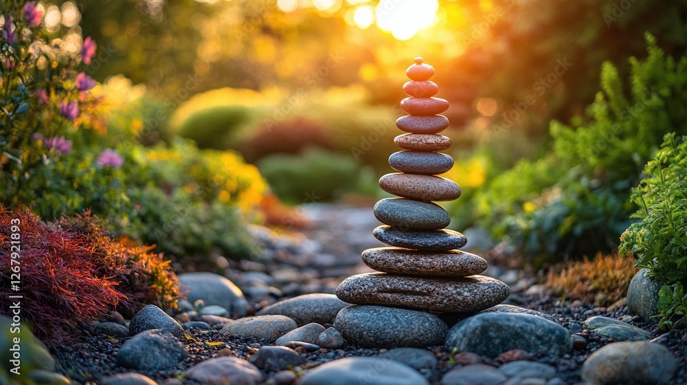 Obraz premium stack of zen stones balancing in a peaceful garden at sunset, reflecting the serenity and mindfulness of nature, with a calm and tranquil ambiance for relaxation