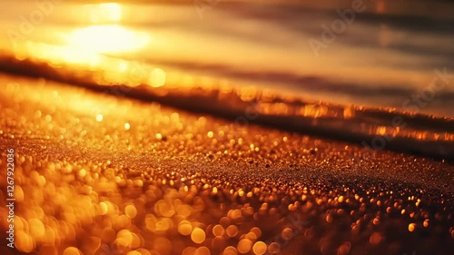 Golden sunset beach waves washing over glistening sand
