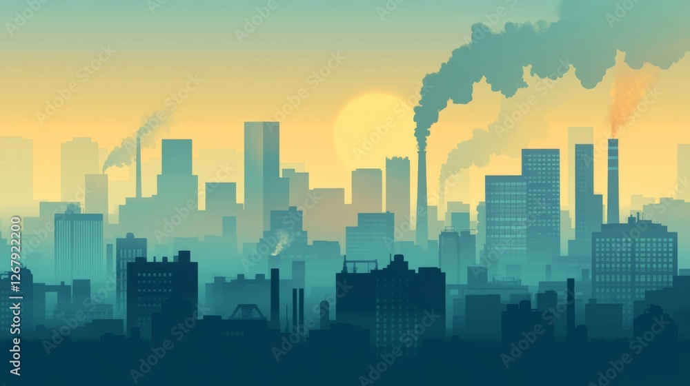 Fototapeta premium Urban skyline with industrial pollution at sunrise
