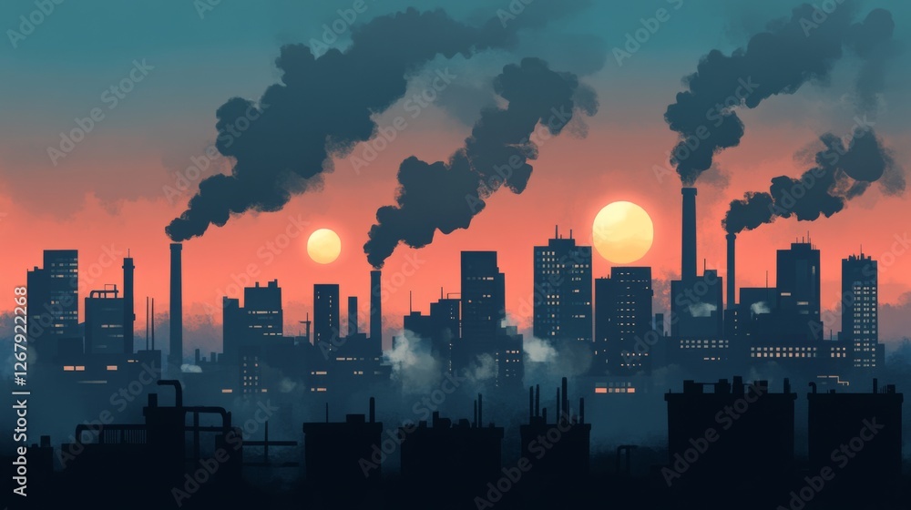 Fototapeta premium Industrial skyline at sunset with smokestacks and pollution against colorful sky