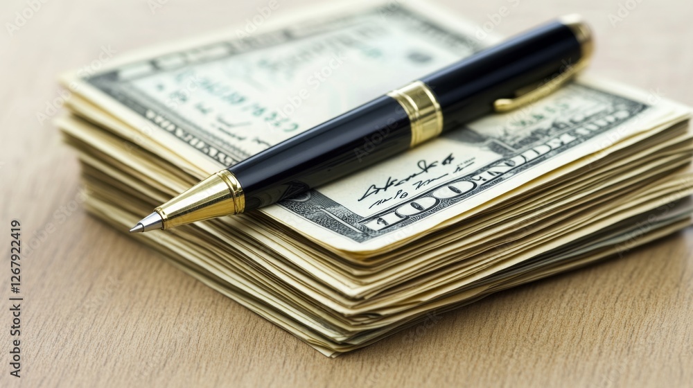 Stack of american dollar bills with gold-tipped black pen on wooden surface Stack of american dollar bills with gold-tipped black pen on wooden surface