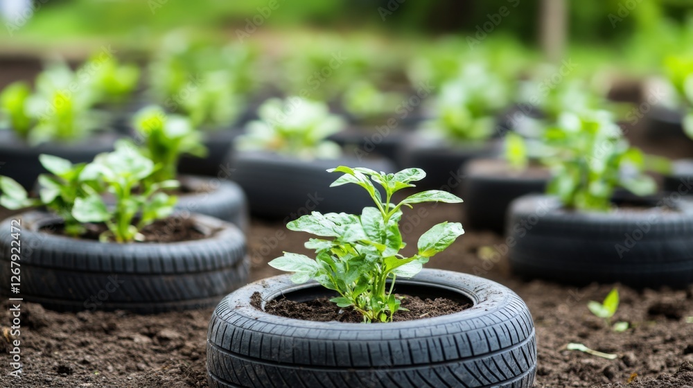 Sustainable gardening with recycled tire planters in lush green environment Sustainable gardening with recycled tire planters in lush green environment