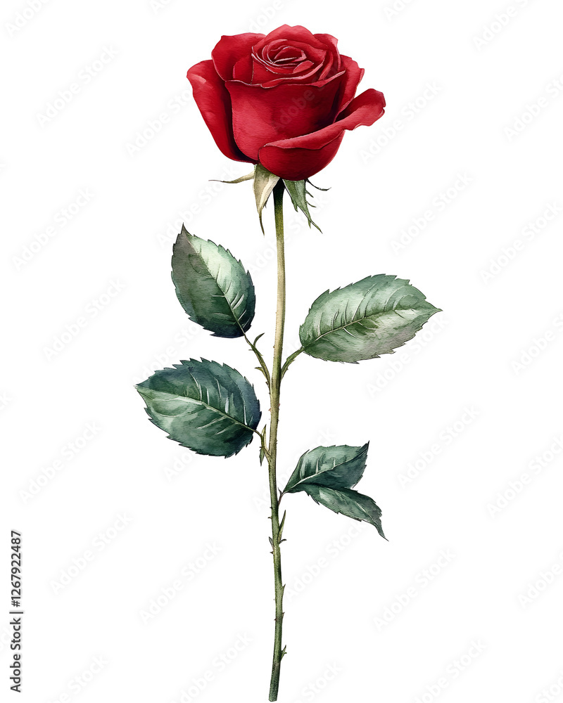 A delicate watercolor illustration of a single red rose on a long stem with lush green leaves. A delicate watercolor illustration of a single red rose on a long stem with lush green leaves.
