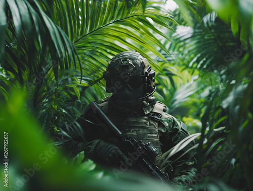 Fototapeta Naklejka Na Ścianę i Meble -  a soldier in full camouflage holds a rifle blending into the jungle environment using dense foliage as cover during a mission
