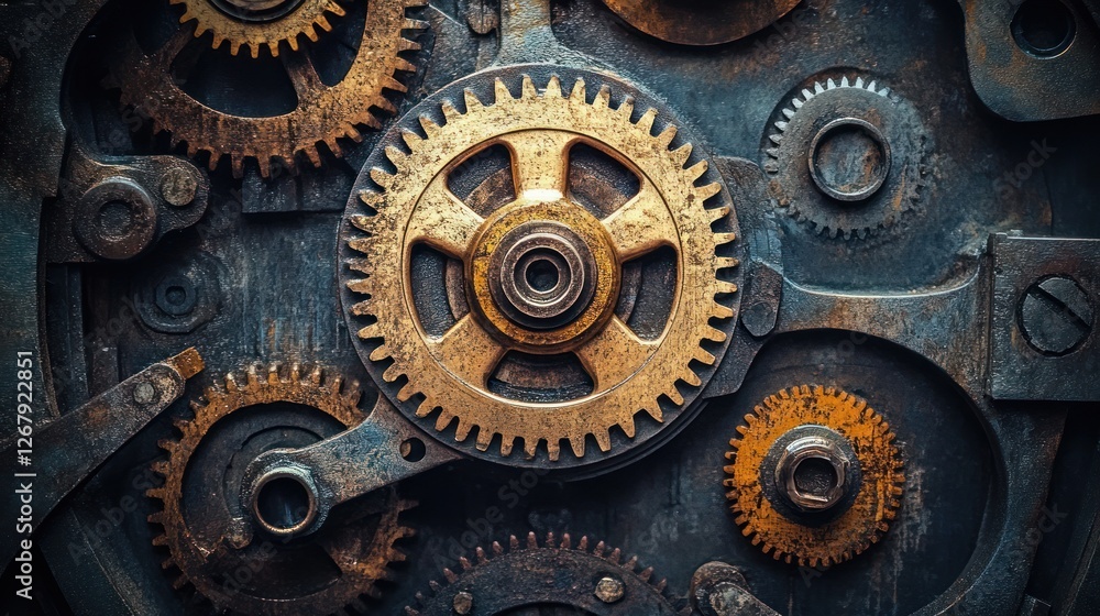 Intricate Gearwork: A Close-Up of Rusty, Golden Gears Interlocking in a Complex Mechanism Intricate Gearwork: A Close-Up of Rusty, Golden Gears Interlocking in a Complex Mechanism