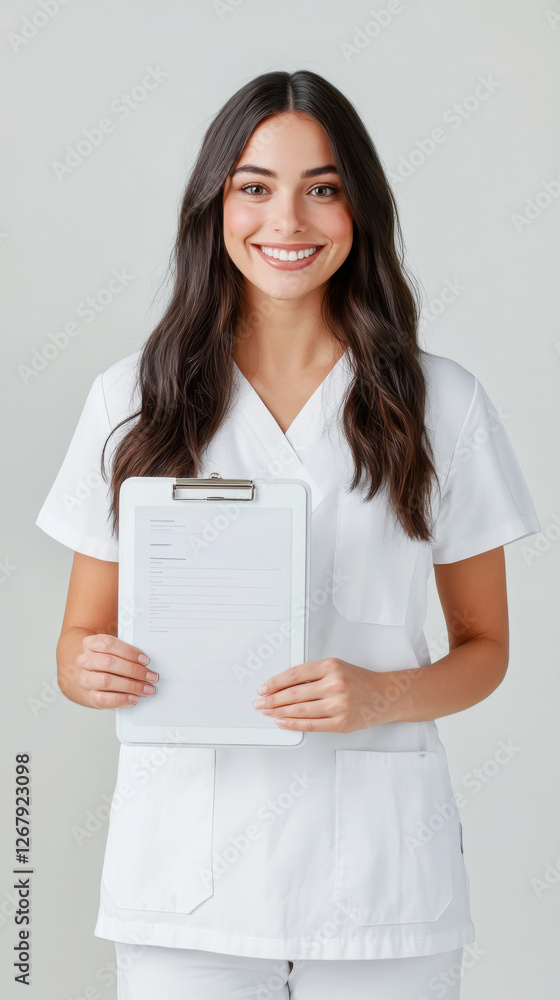 Smiling professional with digital clipboard for healthcare and business solutions Smiling professional with digital clipboard for healthcare and business solutions