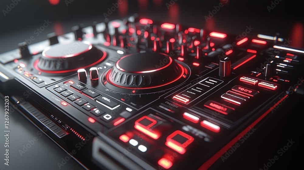 Obraz premium Close-up DJ Mixer, Red Lighted Controls, Dark Background, Night Club Atmosphere