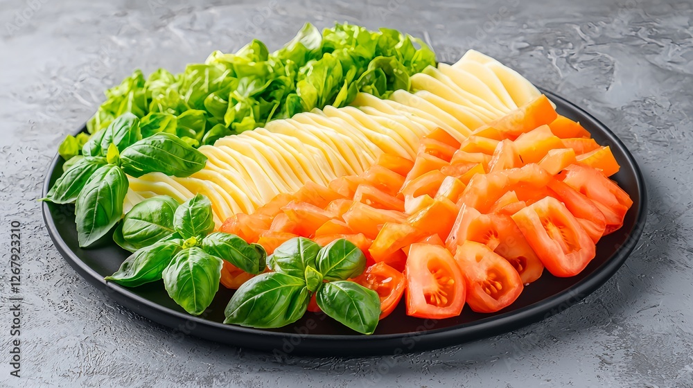 Fresh Salad Ingredients on a Black Plate with Greens and Vegetables Fresh Salad Ingredients on a Black Plate with Greens and Vegetables