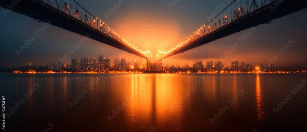 Fototapeta premium City skyline illuminated under a bridge at night