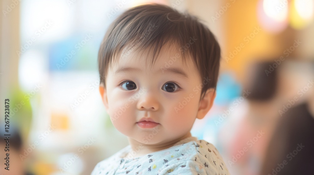 Cute baby in patterned shirt with soft lighting indoors Cute baby in patterned shirt with soft lighting indoors