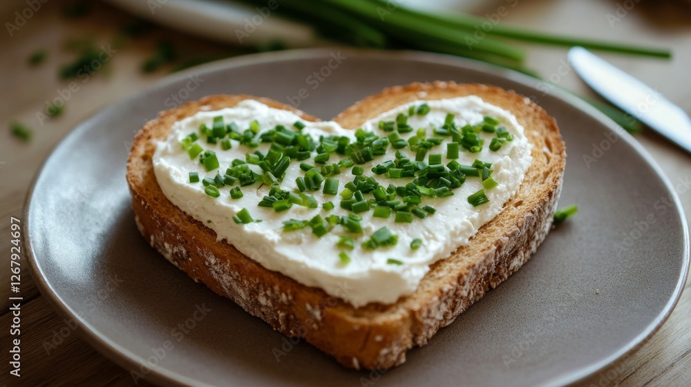 Heart-shaped bread with cream cheese and chives on plate Heart-shaped bread with cream cheese and chives on plate