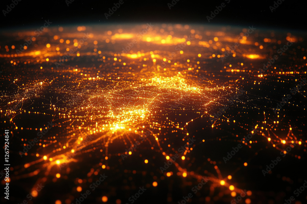 Fototapeta premium A mesmerizing abstract depiction of interconnected nodes, resembling a futuristic cityscape or global network at night.